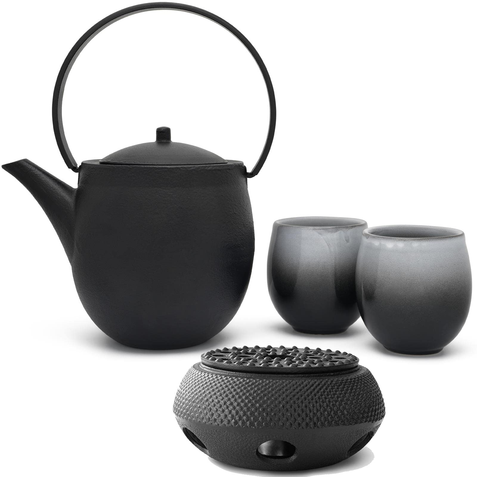 Bredemeijer Gusseisen Tee Set 1.2 Liter Teekanne mit Stövchen & 2 Porzellan-Tassen (Becher) & Edelstahl Tee-Filter Sieb-Einsatz - ideal für lose Teesorten