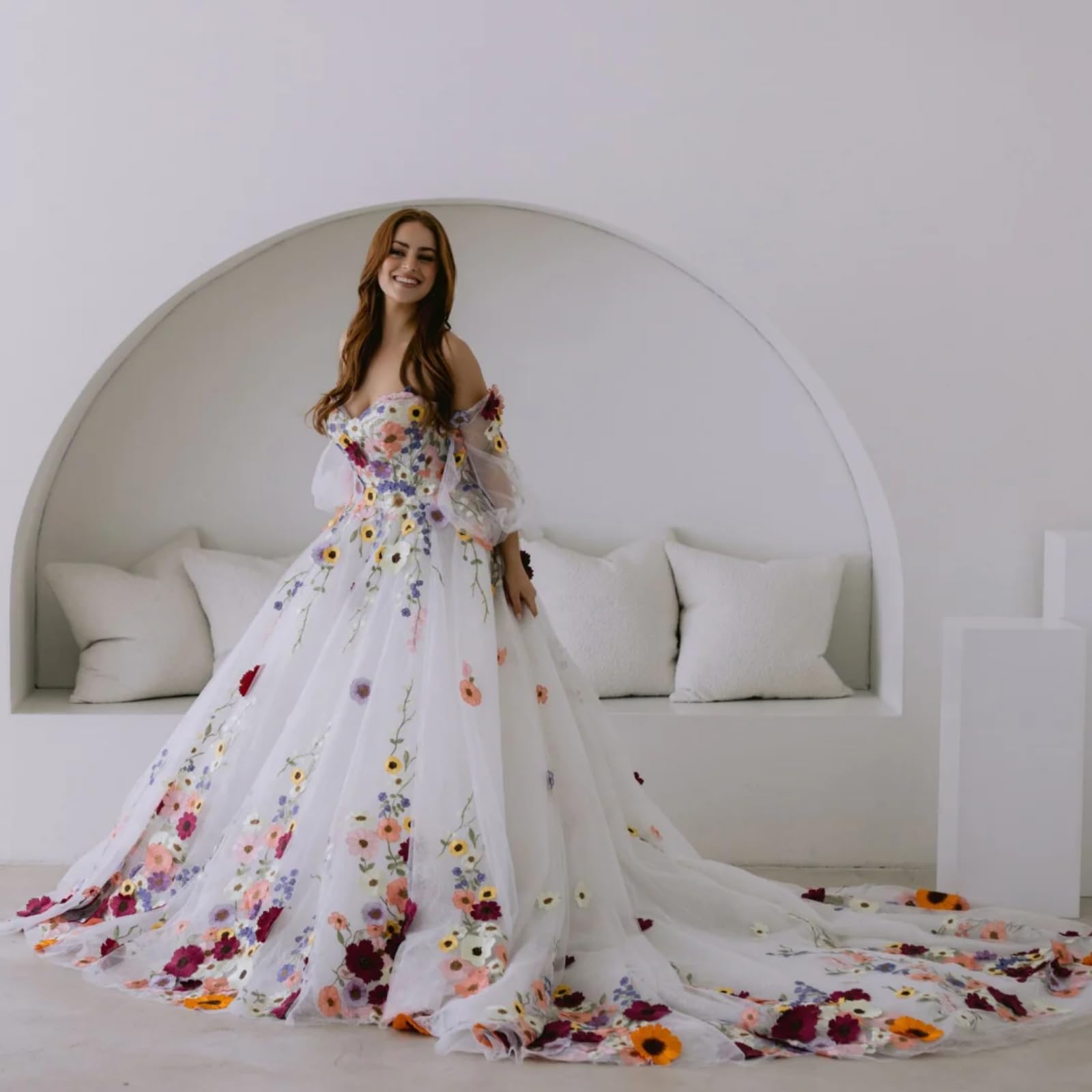 TSxuelian Brautkleid mit 3D-Blumenmuster, A-Linie, Strandkleid, Herzausschnitt, langes Brautkleid