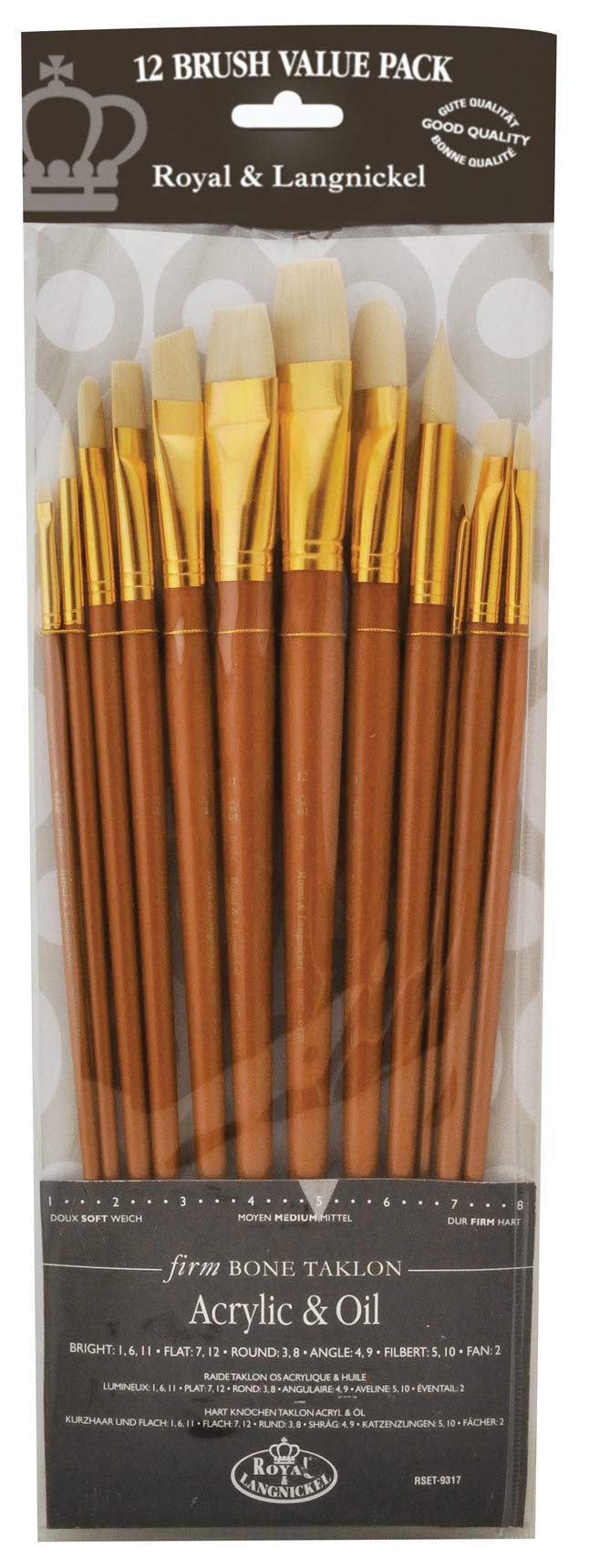Royal and Langnickel RSET-9317 Long Handle Taklon Variety Brush Set - Firm Bone (Pack of 12)