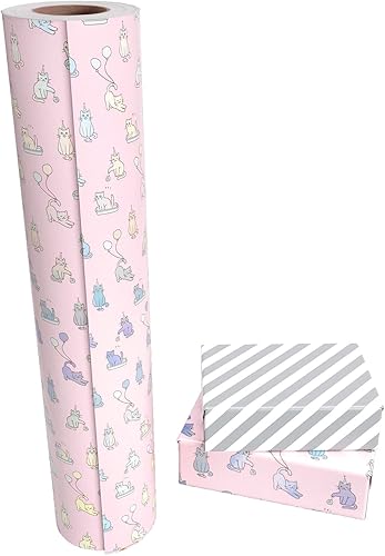 Vista 452 de WRAPAHOLIC Papel de regalo reversible, mini rollo, 17 pulgadas x 33 pies, adorable diseño de gato y azul sólido para cumpleaños, vacaciones