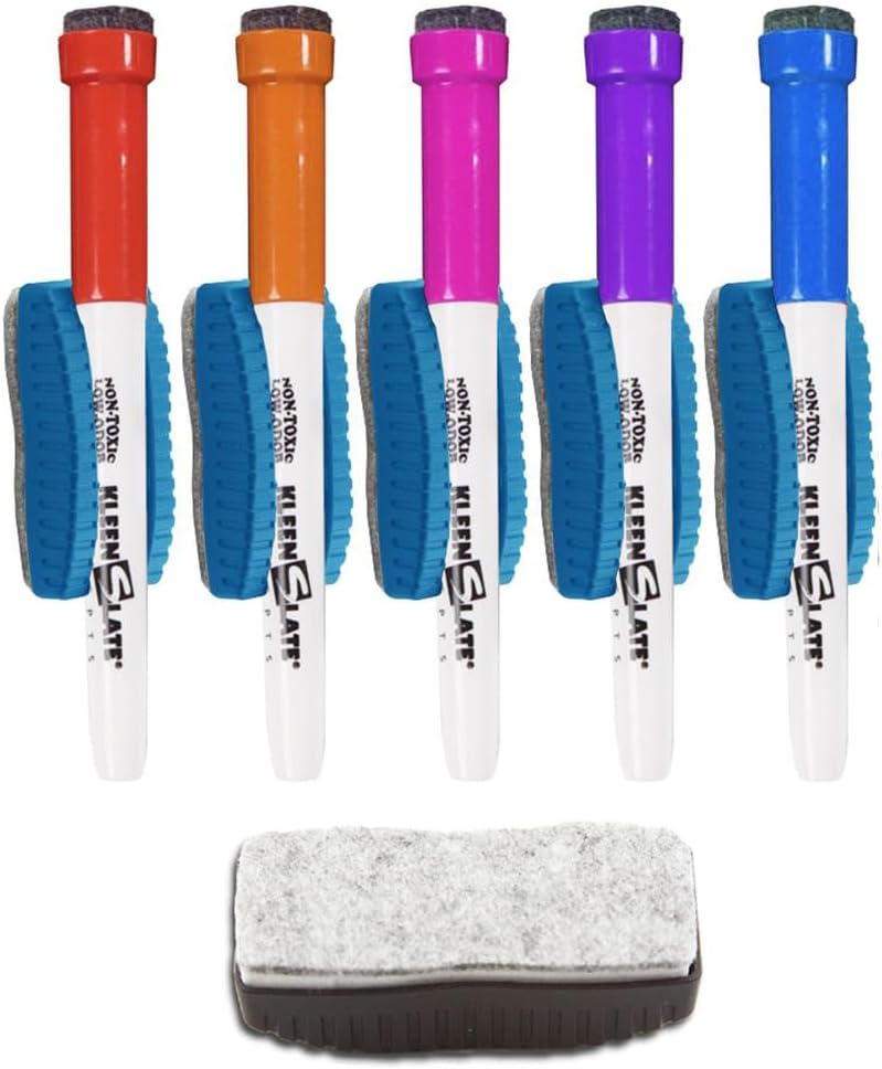 KleenSlate (5) Magnetic Eraser Clips with Dry Erase Marker for Magnetic Dry Erase Whiteboards or Other Metal Surfaces