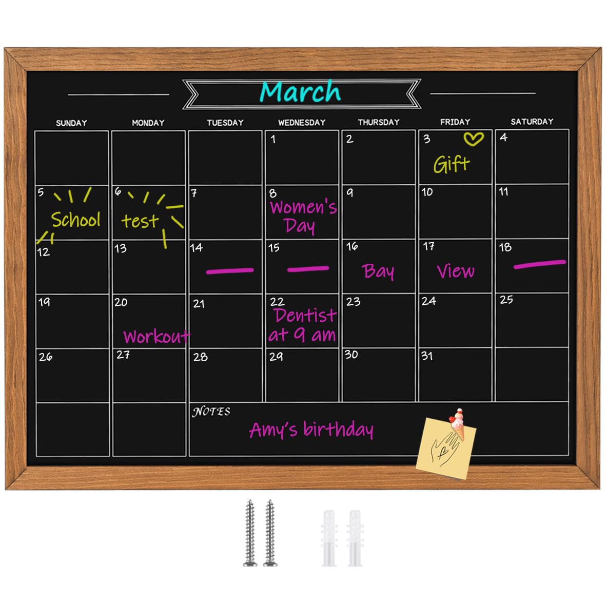 Umtiti Calendar Chalkboard, 23.6" * 31.5", Magnetic Surface Rustic Brown Solid Pine Wood Frame Chalk Board for Planning/School Timetable/Memo, Hanging