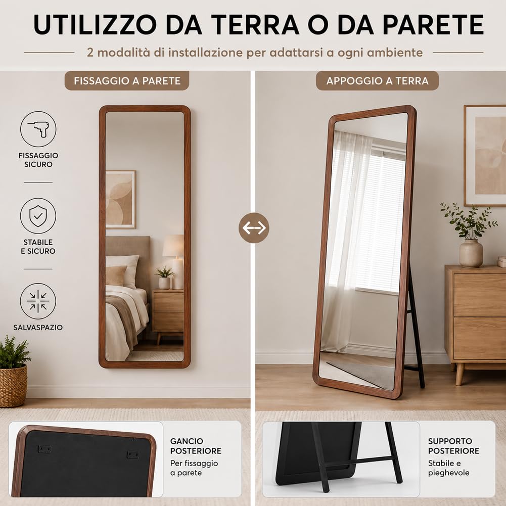 Shally Dogan Specchio Figura Intera Doppia Installazione da Parete o Indipendente, Specchi Design Moderno da Terra o da Muro, Ideale per Camera da Letto, Ingresso, 160 x 50 cm