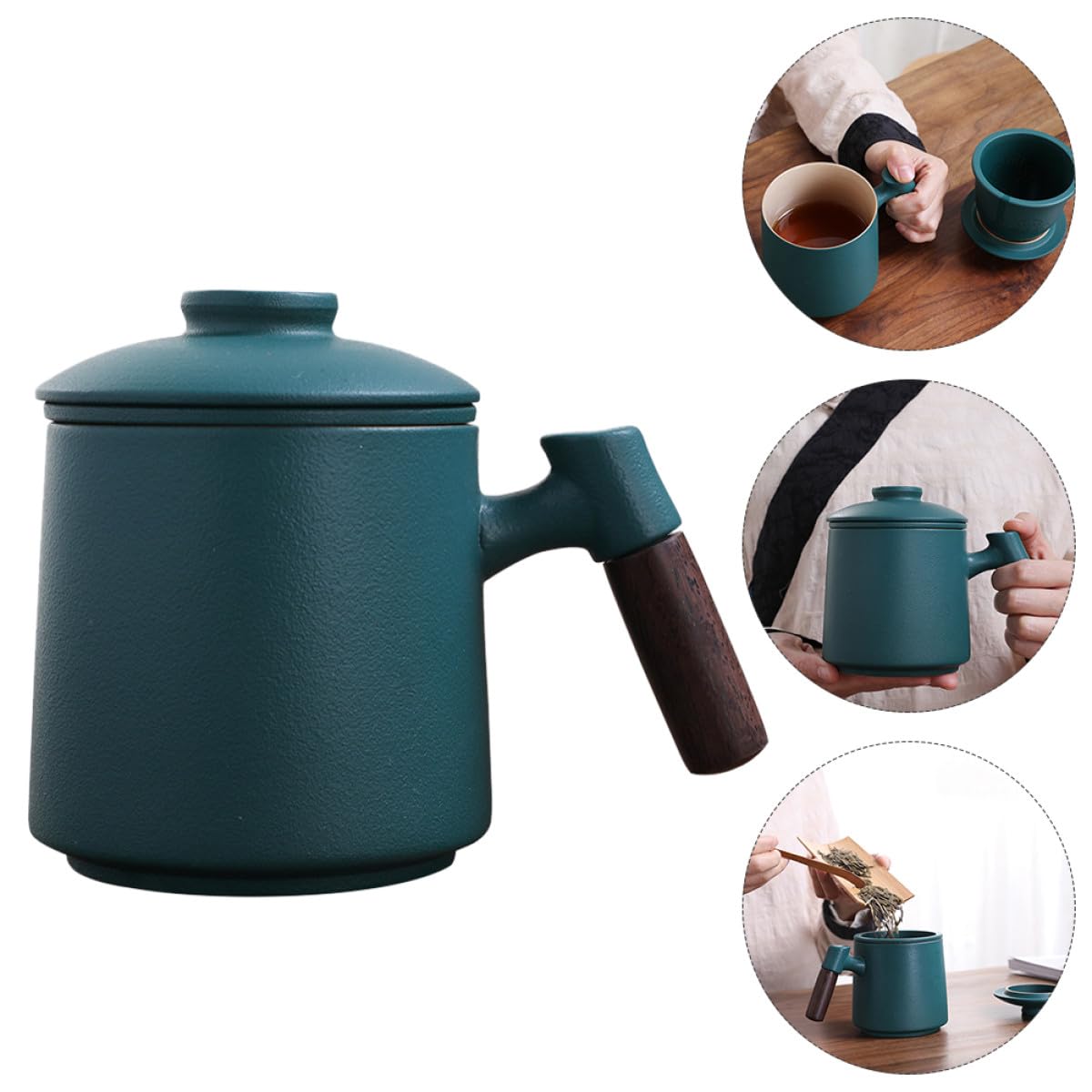 Zerodeko Juego de Tazas de Té de Cerámica Verde de 400ml con Infusor y Tapa, Diseño Clásico Retro, Fácil de Limpiar y Cómodo para Uso Diario