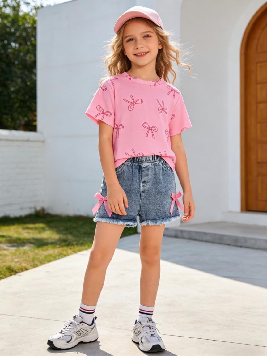 Kid Girls Clothes Outfits Cute Sweet Bowknot Print T-Shirt + Bowknot 2 In 1 Denim Short Summer Clothing Set - Image 2