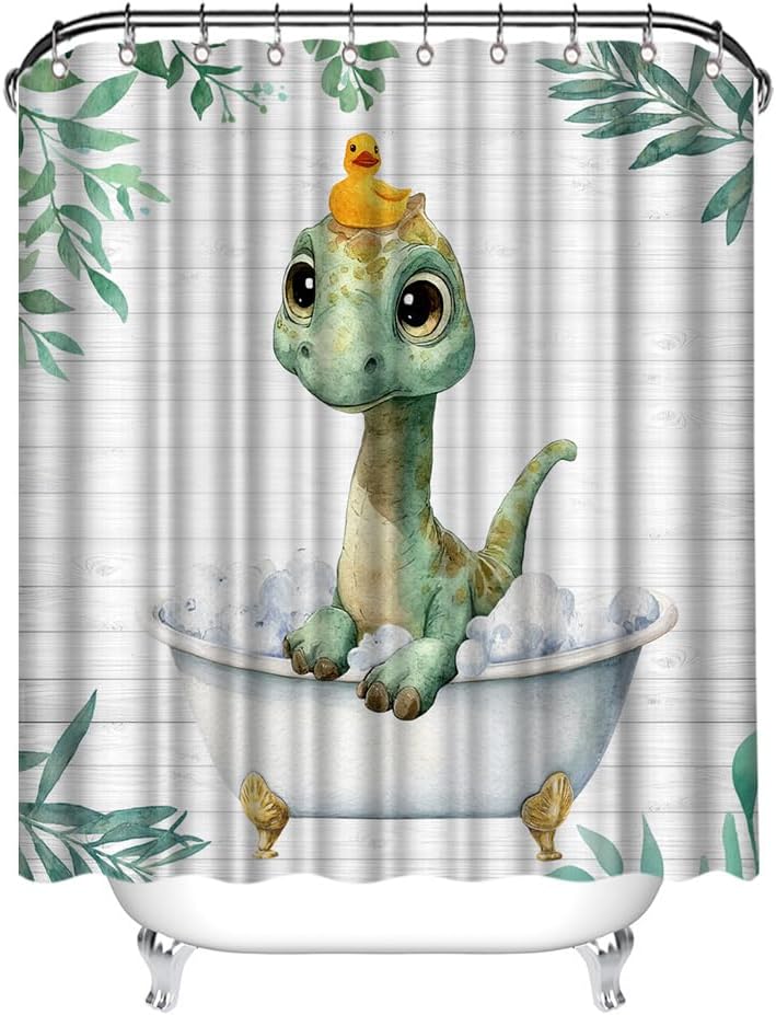 Cute Dinosaur Shower Curtain 72x72 Green Baby T-Rex in Bathtub Bathroom Decor