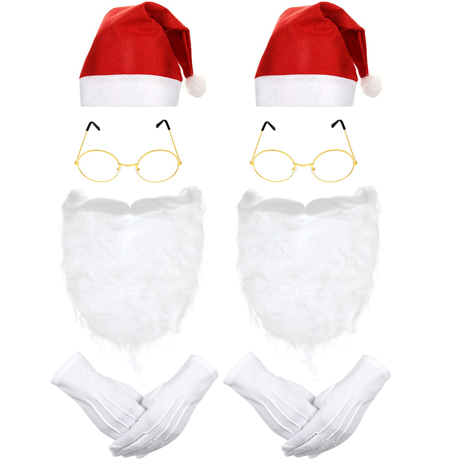 8 Pieces Christmas Costume Accessory Set Includes Santa Hat White Beard White Gloves Gold-Framed Glasses