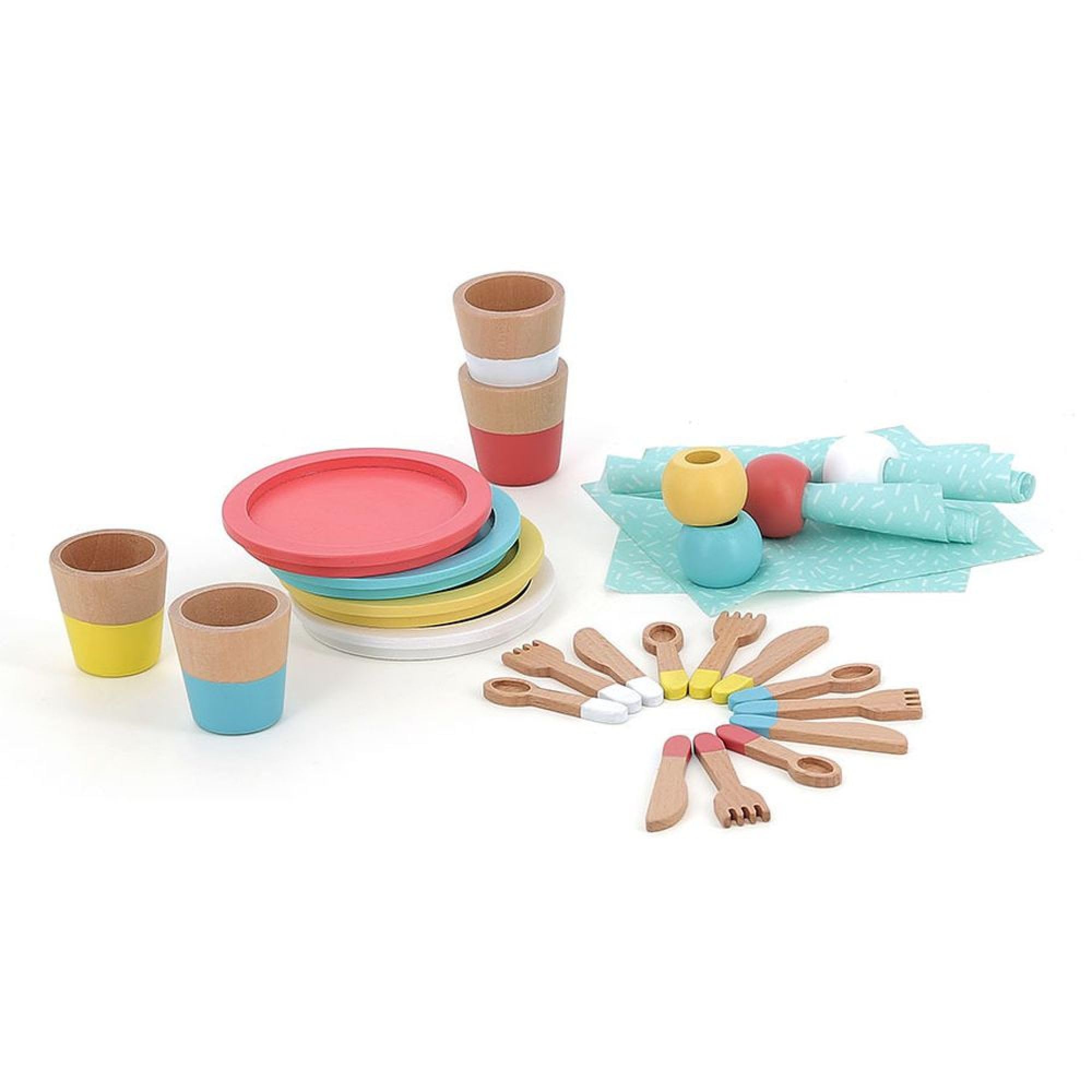Vilac Dinette Pasto in Legno-Set di 28 Pezzi per Bambini-Stimola l'immaginazione e l'imitazione con Piatti, Occhiali, Posate e Asciugamani-Promuove le capacità motorie sottili, 8178