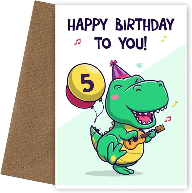 5th Birthday Card for Boy - 5 Year Old Birthday Card for Great Grandson, Son, Nephew, Brother or Boys - Funny Green Dinosaur Birthday Card
