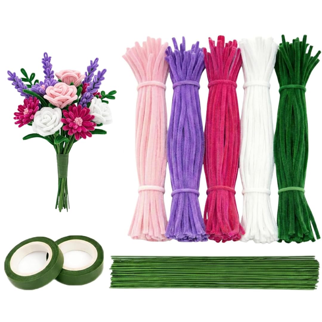 Complete Floral Stem Craft Kit for DIY Bouquet Making – 250 Color Pipe Cleaners, 25 Floral Wires, 2 Green Floral Tapes & Pink Wrapping Sheet for Flower Crafts, Gift Decoration & Handmade Bouquets (Set C)-image-17