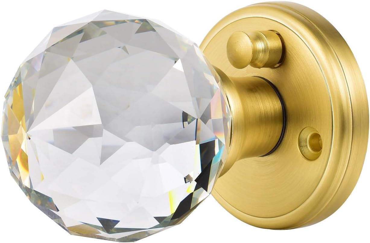 Crystal Glass Door Knobs Interior with Lock, Privacy Bathroom Bedroom Door Knobs Gold Door Knob, Satin Brass