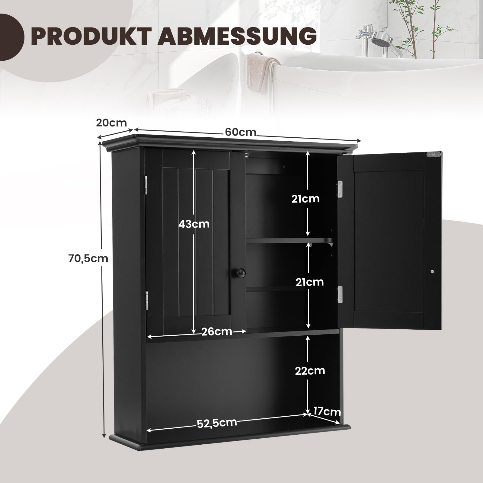 COSTWAY Hangkast, medicijnkast, wandkast met dubbele deur, badkamerkast, keukenkast, onderkast met verstelbare plank, kast voor badkamer, keuken, entree (zwart