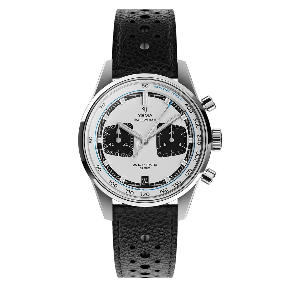YEMA Rallygraf Alpine Cronógrafo Híbrido Mecánico Cuarzo Acero Negro Cuero Blanco Fecha Reloj Hombre