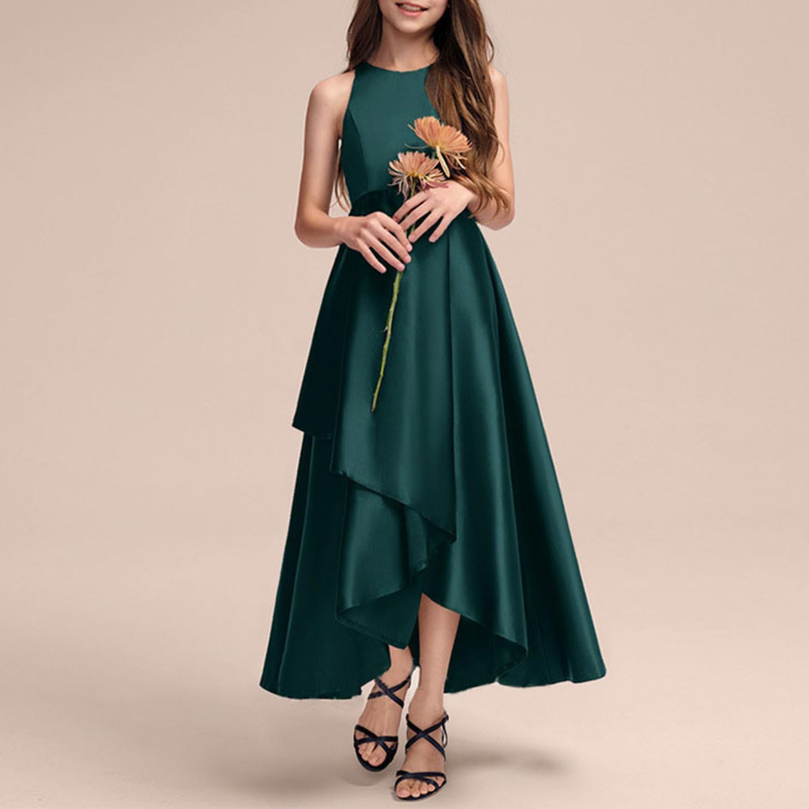 Genérico Vestido de Fiesta para Niñas con Dobladillo Escalonado Volantes y Diseño Cintura Arrugada Vestidos Largo Sin Tirantes Cómodo Suave para Cumpleaños Colección Graduación