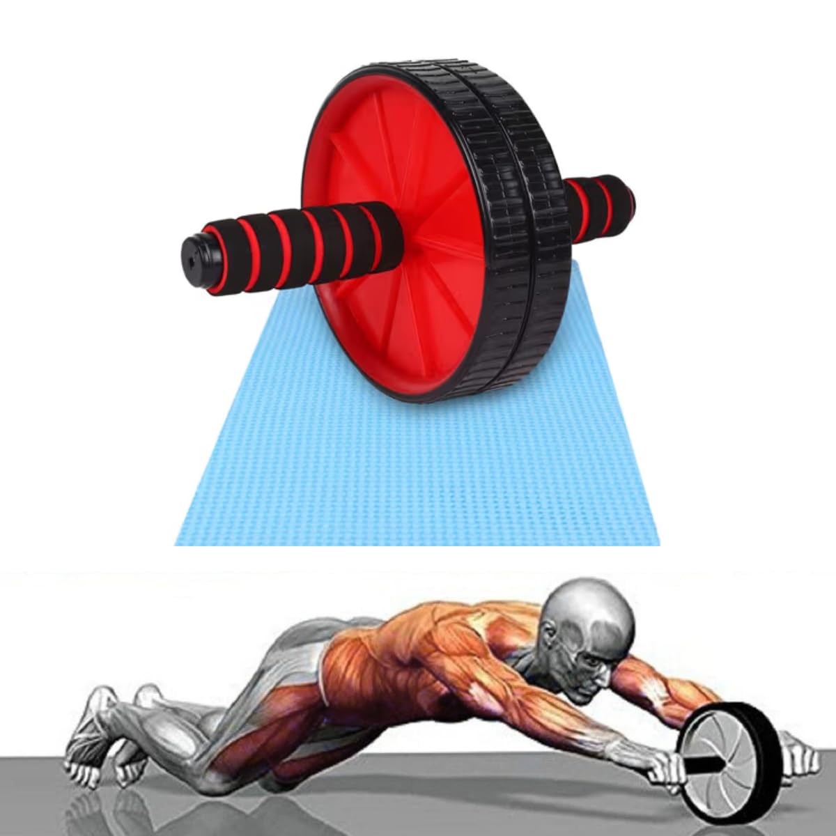 GalBelle® Abs Roller Wheel with Anti-Slip Grip & Soft Knee Mat | Home Workout Equipment for tummy Trimming | Dual Wheel Ab Roller for Core strengthening, Belly Fat Burn & Fitness Training (Red)