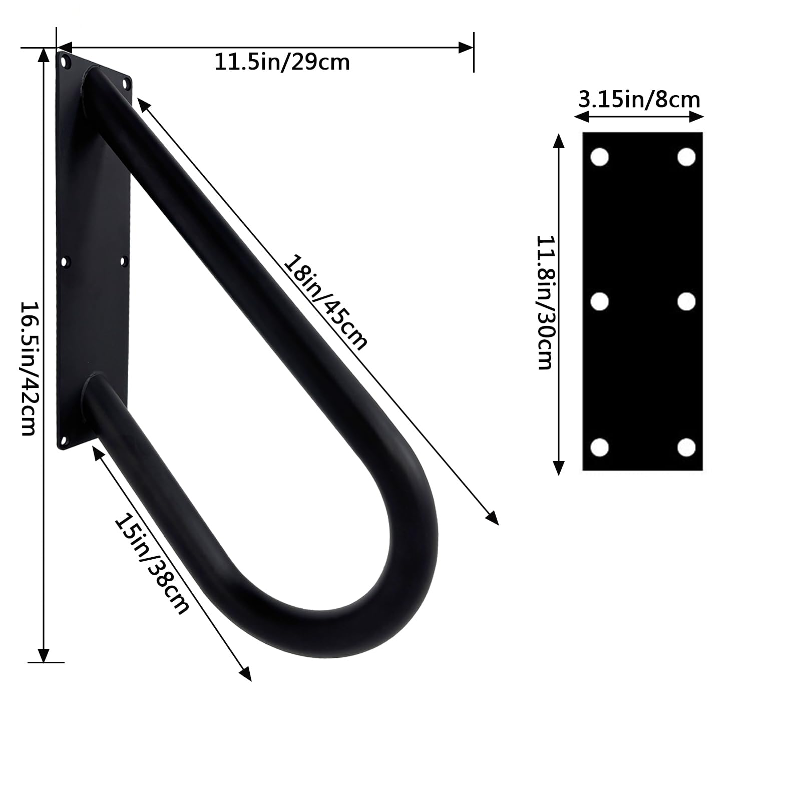 Pasamanos para escalones exteriores montaje en pared, barandillas para 1-2 peldaños, pasamanos en forma de U con acabado negro mate, pasamanos de escalera para garaje, porche, patio y jardín (45,7 cm