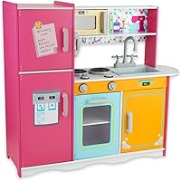 WoodenEdu Wooden Pretend Play Kitchen for Kids 3-8 - Colorful Deluxe Playset with Phone, Ice Maker, Fridge, Oven, 35x31x12"