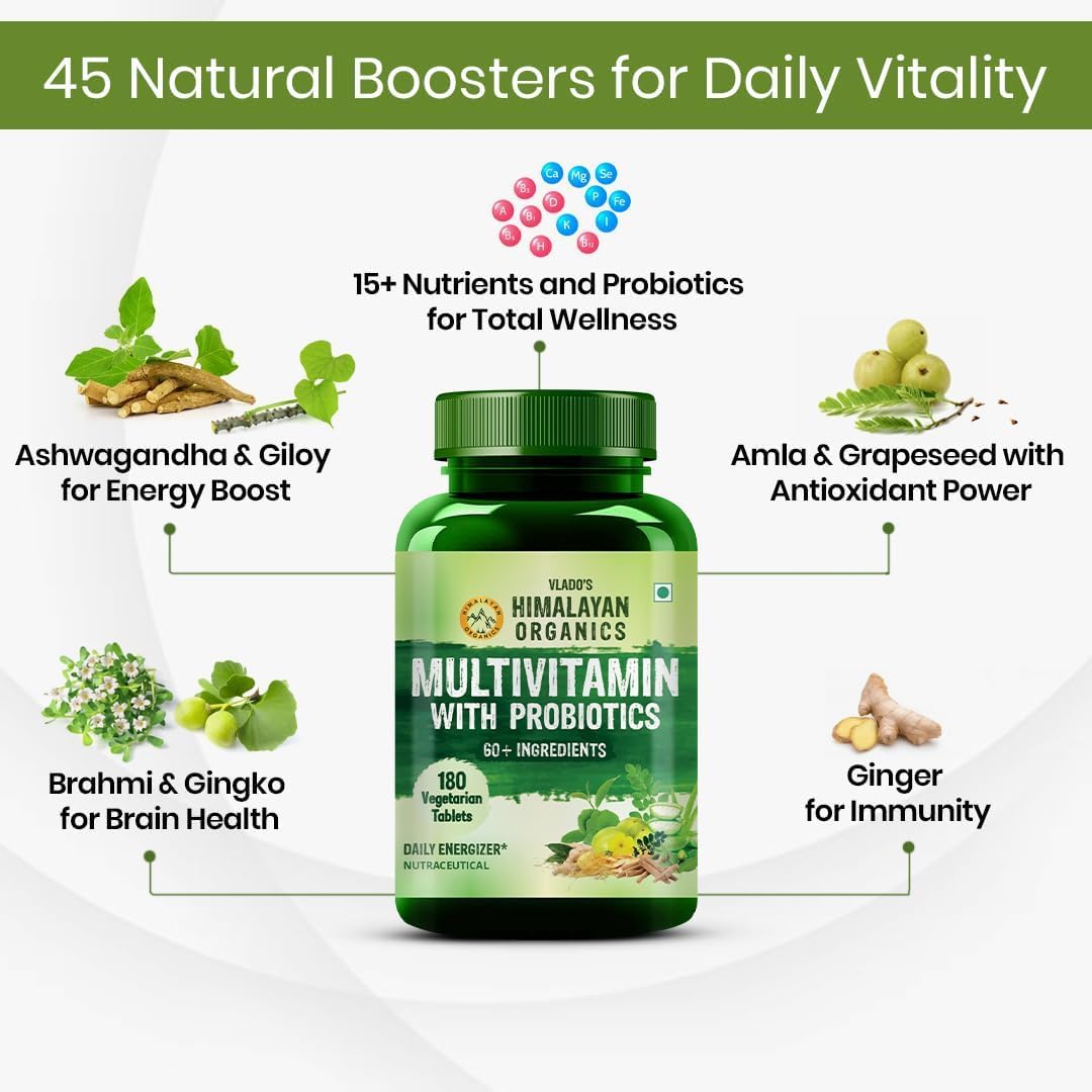 Himalayan Organics Organics Multivitamin with Probiotics - 45 Ingredients for Men and Women with Vitamin C, D, E, B3, B12, Zinc, Giloy and Biotin (180 Tablets)