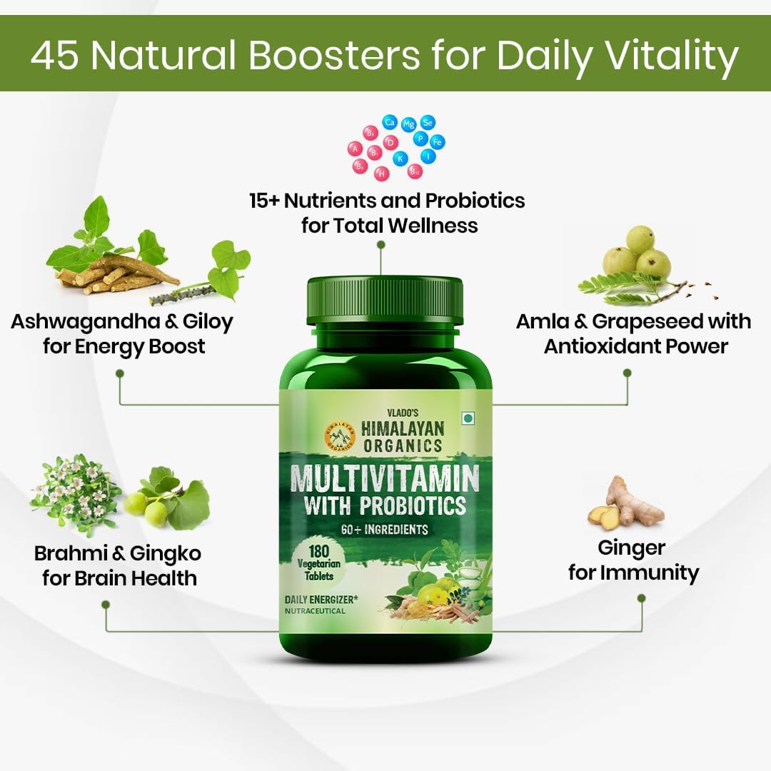 HIMALAYAN ORGANICS Multivitamin With Probiotics - 60 Ingredients Supplement For Men And Women | Vitamin C, D, E, B3, B5, B12, Zinc, Magnesium, Giloy & Biotin - 180 Veg Tablets