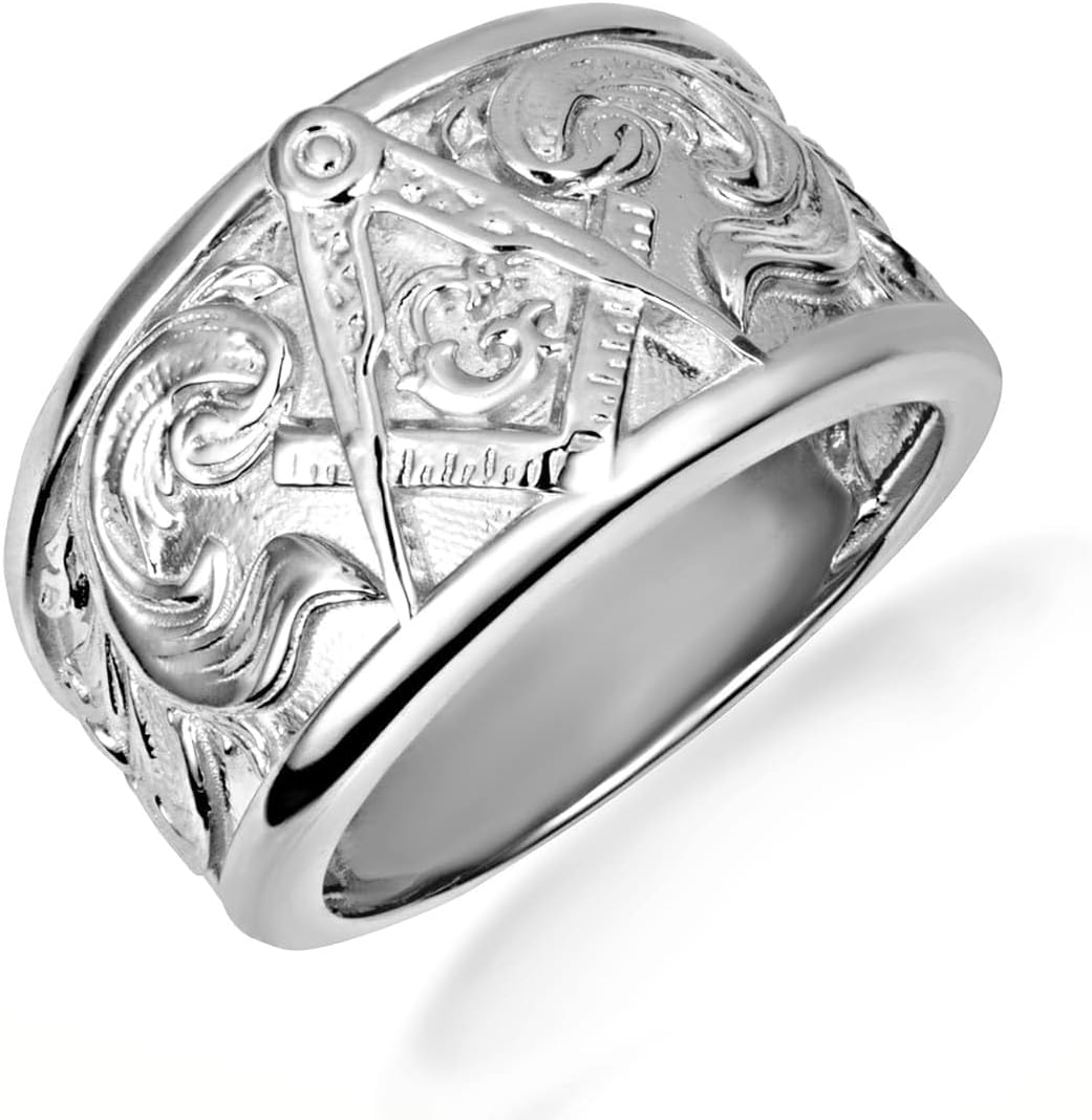 Claddagh Gold Men's Sterling Silver Freemason Square & Compass Filigree Band Ring