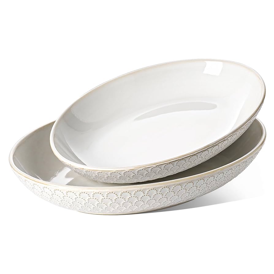 LE TAUCI Serving Bowls, Large Oval Platters for Entertaining, Ceramic Serving Tray for Dinner, Pasta, Salad, Dessert, Turkey, Fish, Fruit, Bread - 45oz/74oz, 11.8"/13.7", Set of 2, Arctic White