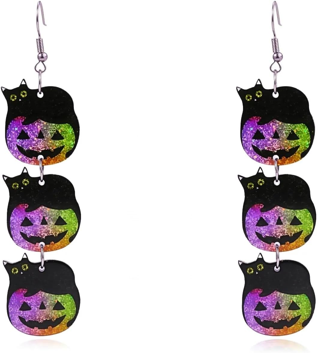 Halloween Pumpkin Earrings for Women Funny Colorful Acrylic Pumpkin Drop Dangle Earring Cute Black Witch Cat Earrings Halloween Party Costume Accessories