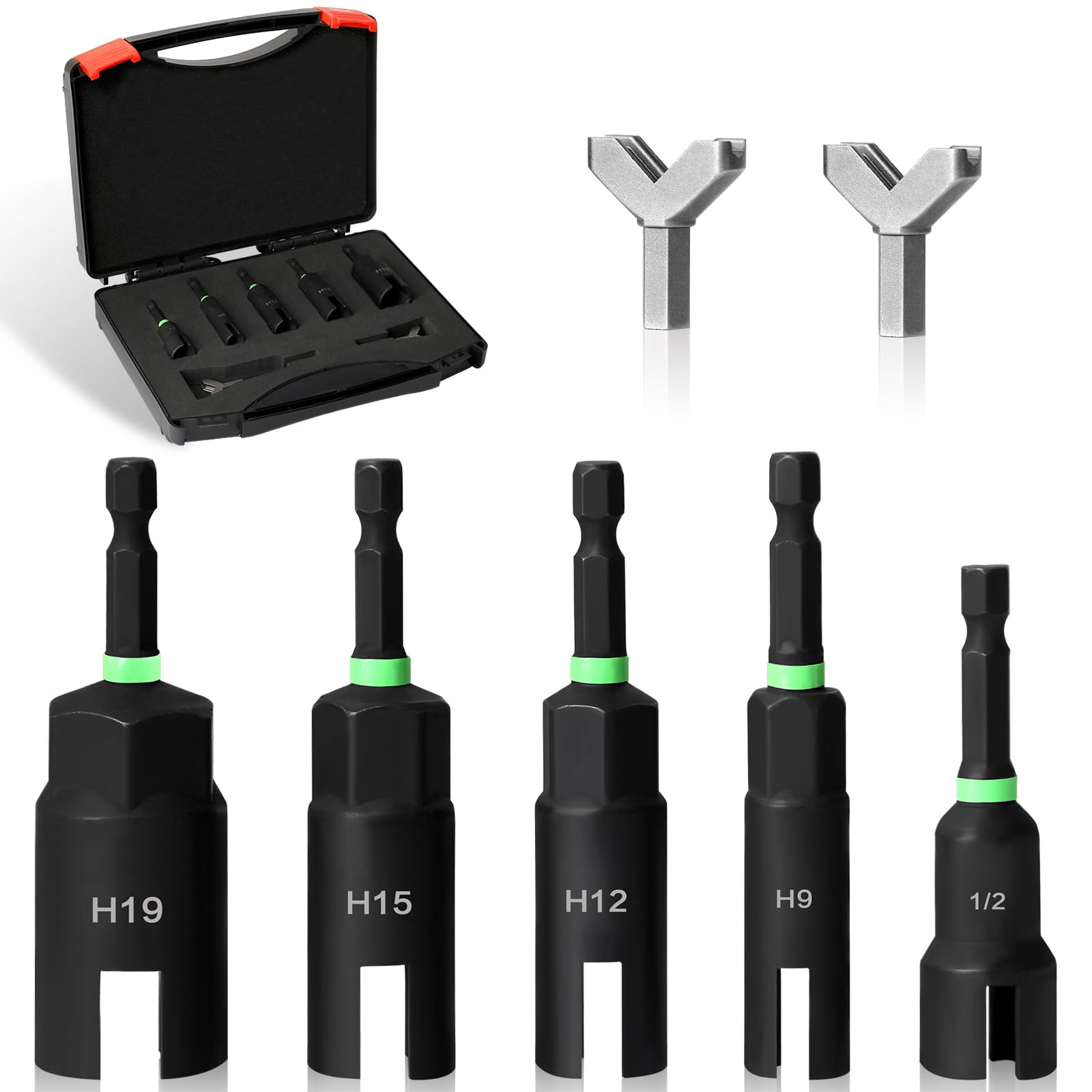 CYLBAQ Power Wing Nut Driver, 5PCS Slot Wing Nuts Drill Bit, 1/4 Inch Hex Shank Wing Nut Spanner with 2PCS Y Shape Y Cup Hooks Driver for Panel Nuts, Screws Eye C Hook 1/2" 9mm 12mm 15mm 19mm