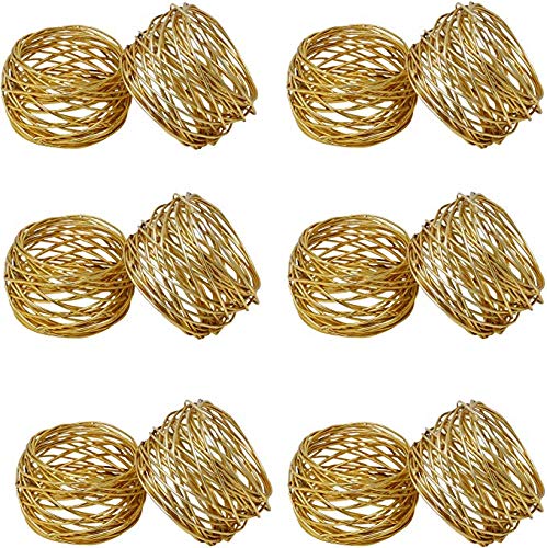 Round Metal Mesh Napkin Rings- Set for Weddings Dinner Parties or Every Day Use (Set of 12, Golden)