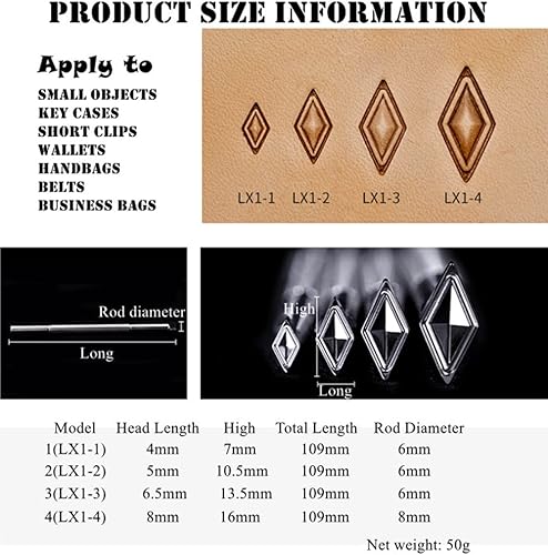 Miniatura 2 de Sellos de diamantes 3D con patrón geométrico de cuero, una pieza o juego de 4 herramientas de estampado de cuero en acero inoxidable (LX1-1, una