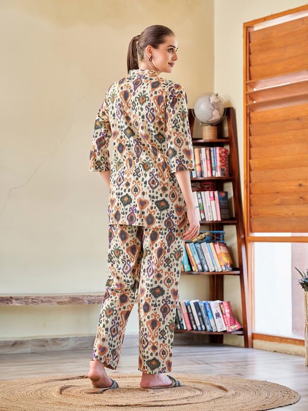 Image of Cotton Relaxed Fit Shirt & Trouser Co-Ord Set for Women |Front Openable Button and 3 /4 Sleeve Shirt |Two Pockets and Elasticated Waist Trouser | Casual Wear and Everyday Wear