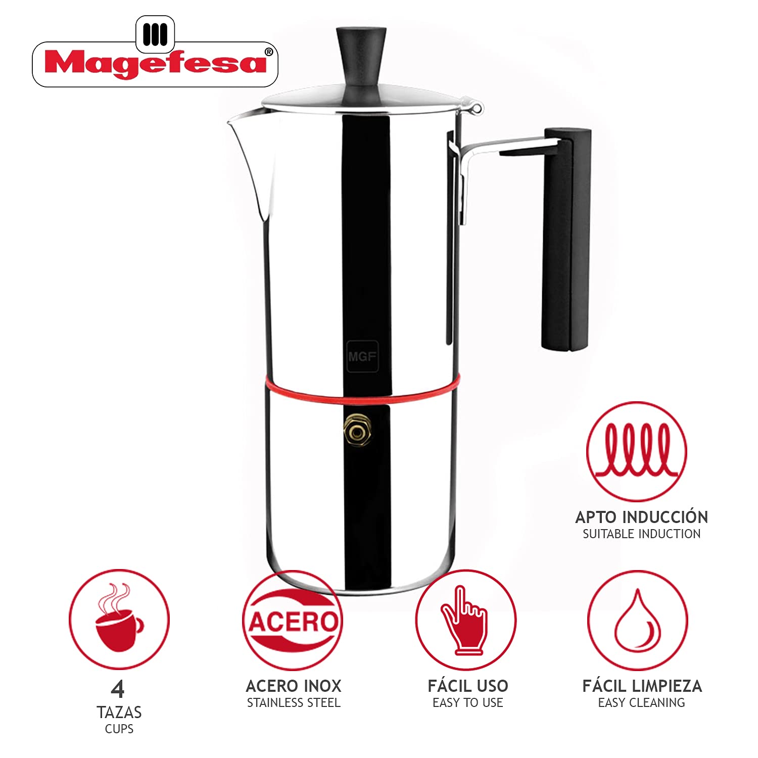 MAGEFESA Nova Capri - Cafetera Italiana de 4 Tazas, Acero Inoxidable 18/10, Para Todo Tipo de Cocina, Inducción, Limpieza Fácil, Café, Moka