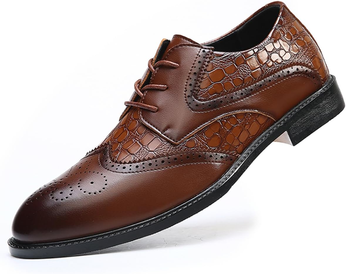 Men's Crocodile Print Wingtip Dress Shoes Formal Business Oxford for Men Retro Brogue Derby Shoes