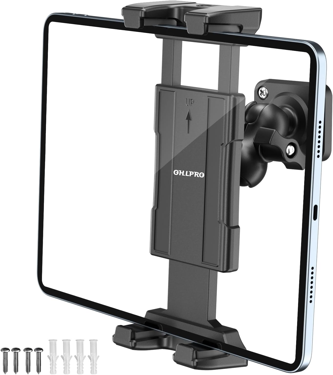 OHLPRO for iPad Wall Mount Tablet Holder, Adjustable Drilled Base with 2" Support Arm Stand for 5-13" iPad mini Pro Air, Fire HD, Galaxy Tab, Switch and Phone - 360° Viewing, Adjustable Tilt