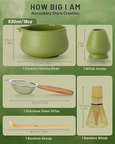 Miniatura 2 de Nucookery Juego de batidores de matcha, juego de 5 piezas de matcha con cuenco de cerámica de 18 onzas (Chawan) con boquilla, batidor de bambú y