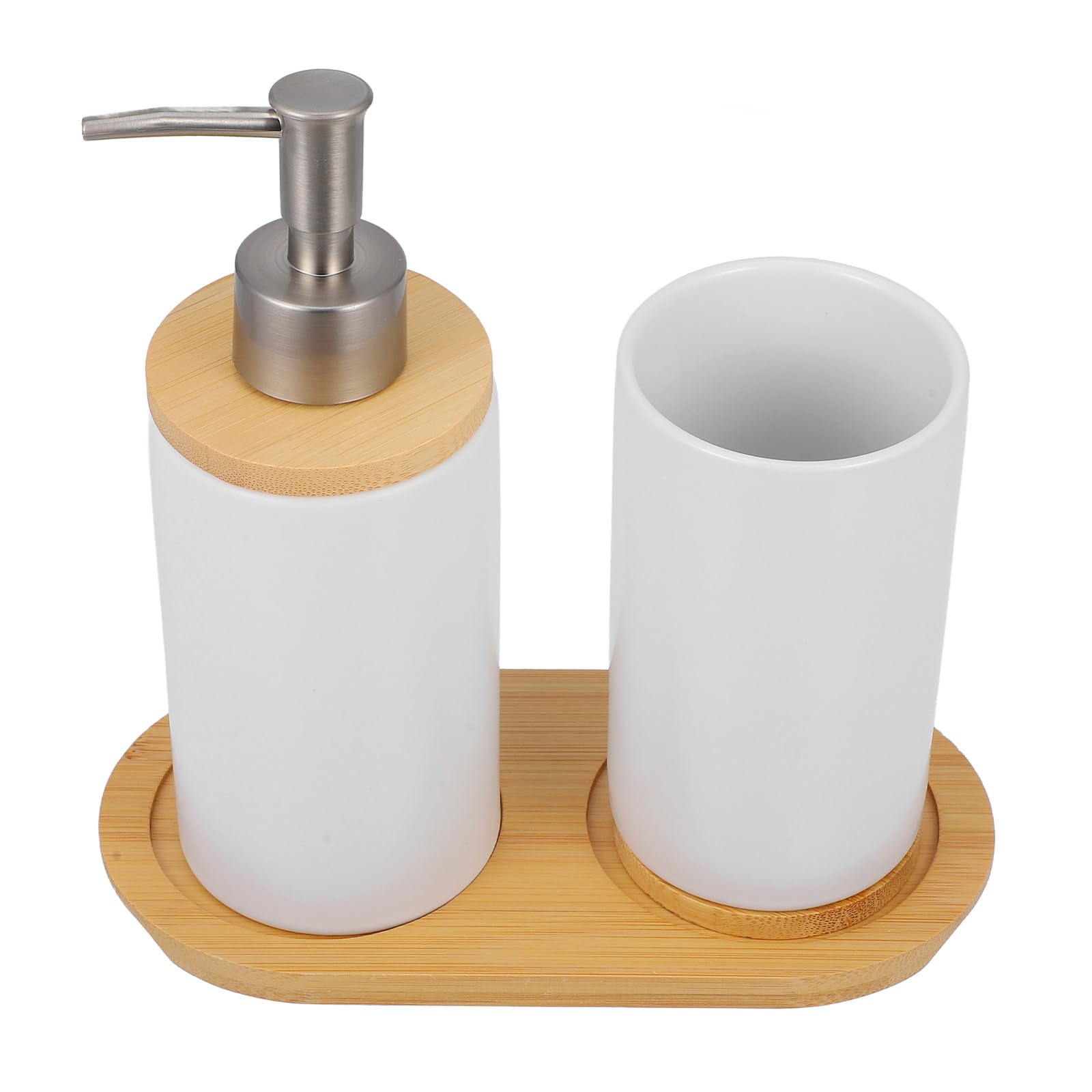 Yardwe Juego de Accesorios para Baño Cerámico Blanco 3 Piezas (Vaso 350ml, Dispensador 430ml, Base) Set para Cepillo de Dientes y Dispensador de Jabón Recargable para Baño Hogar
