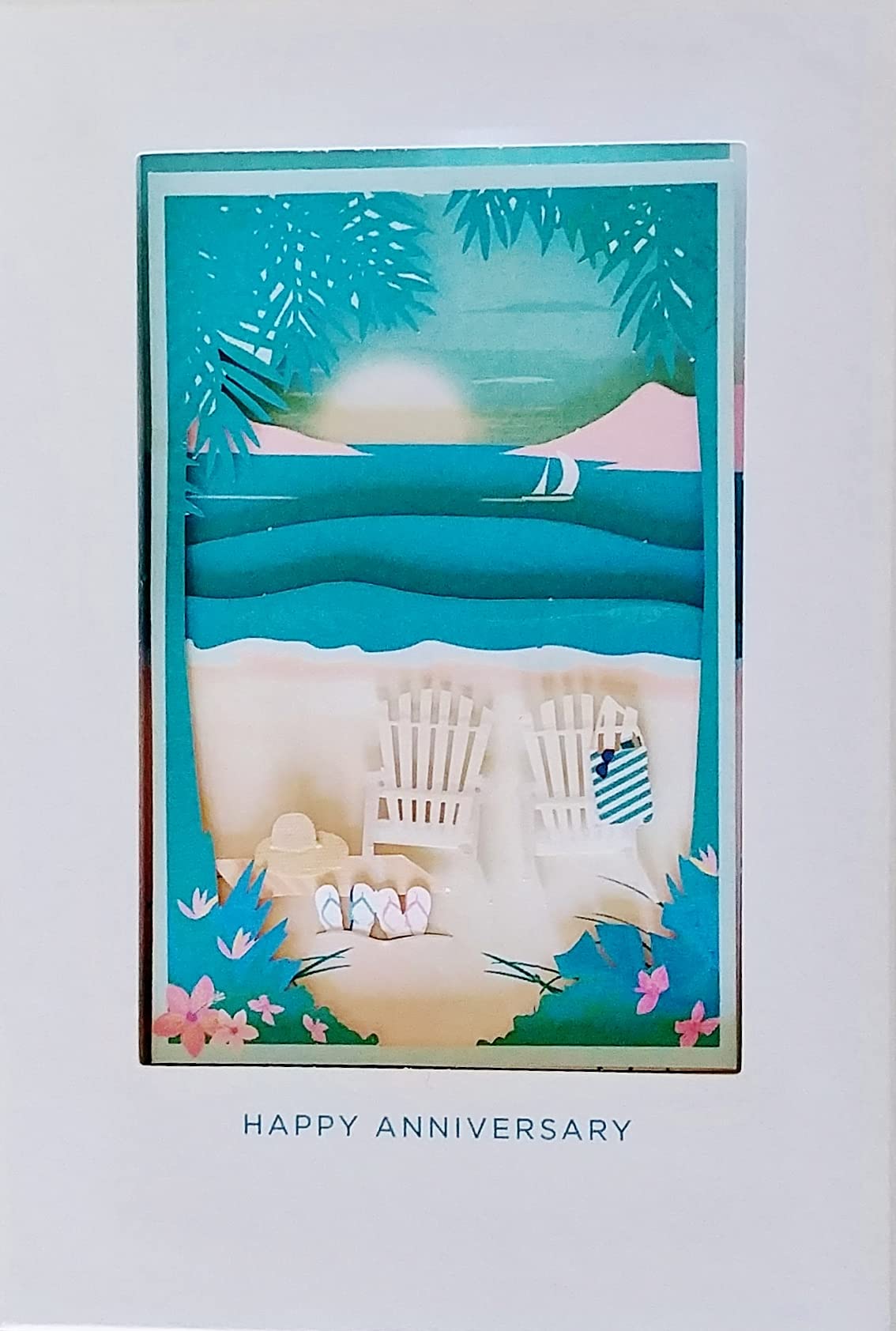 Greeting Card Happy Anniversary Premium Beach Ocean Shadow Box 3D to Couple - Here's To Another Year of Being Right Where You Both Belong Together