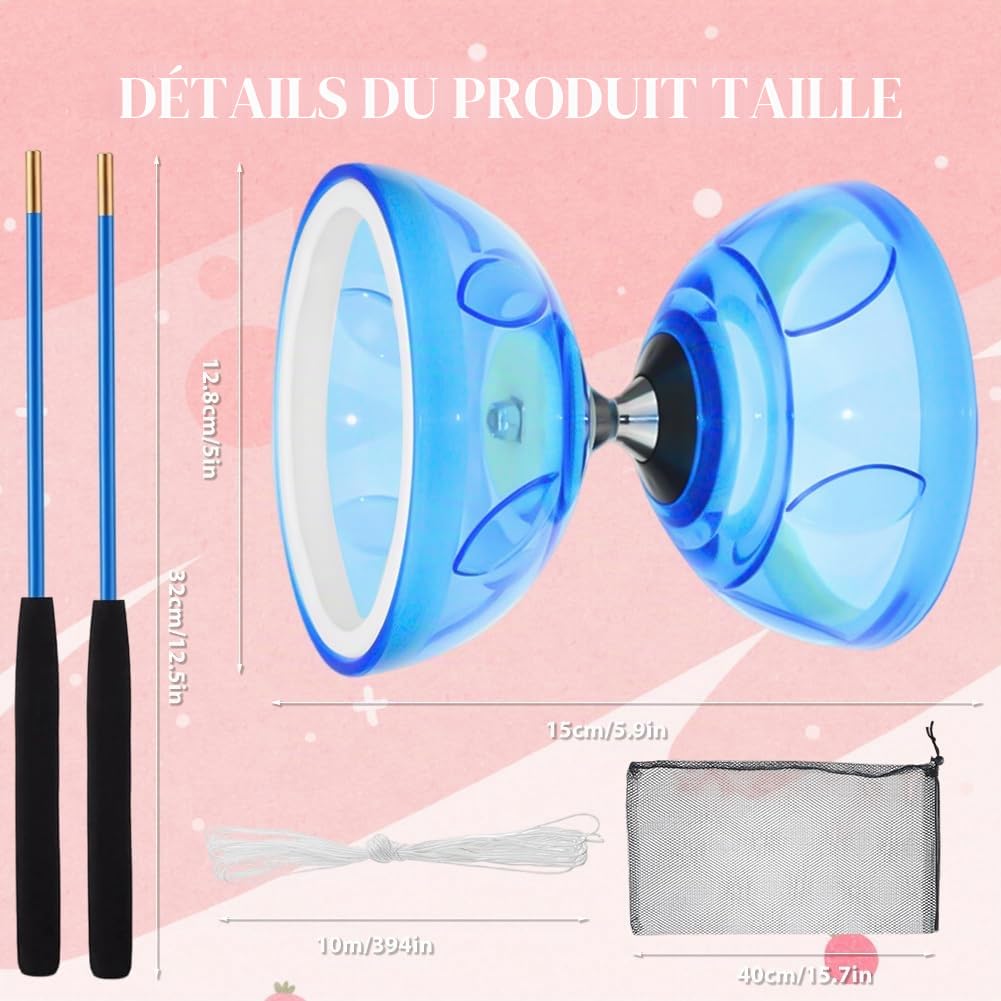 Diabolo LED avec roulement à billes, 4,5 mm, kit de jonglage phosphorescent, pour enfants et adultes, Yoyo professionnel, balles de jonglage, jouet de cirque (bleu)