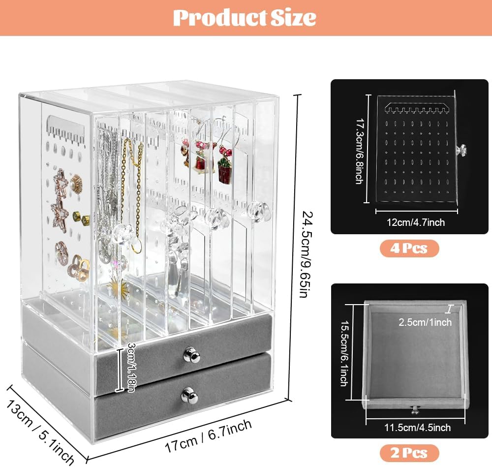 Acrylic Jewellery Organiser Storage Box 4 Tier Earring Organiser Holder Dustproof Jewellery Box Organiser Acrylic Earring Holder Jewellery Holder Earring Storage With Drawers for Ring Bracelet