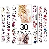 Yazhiji 30 Sheets Mixed Style Body Art Temporary Tattoos, Flowers Roses Butterflies and Multi-Colored Waterproof Tattoo for Women and Men.