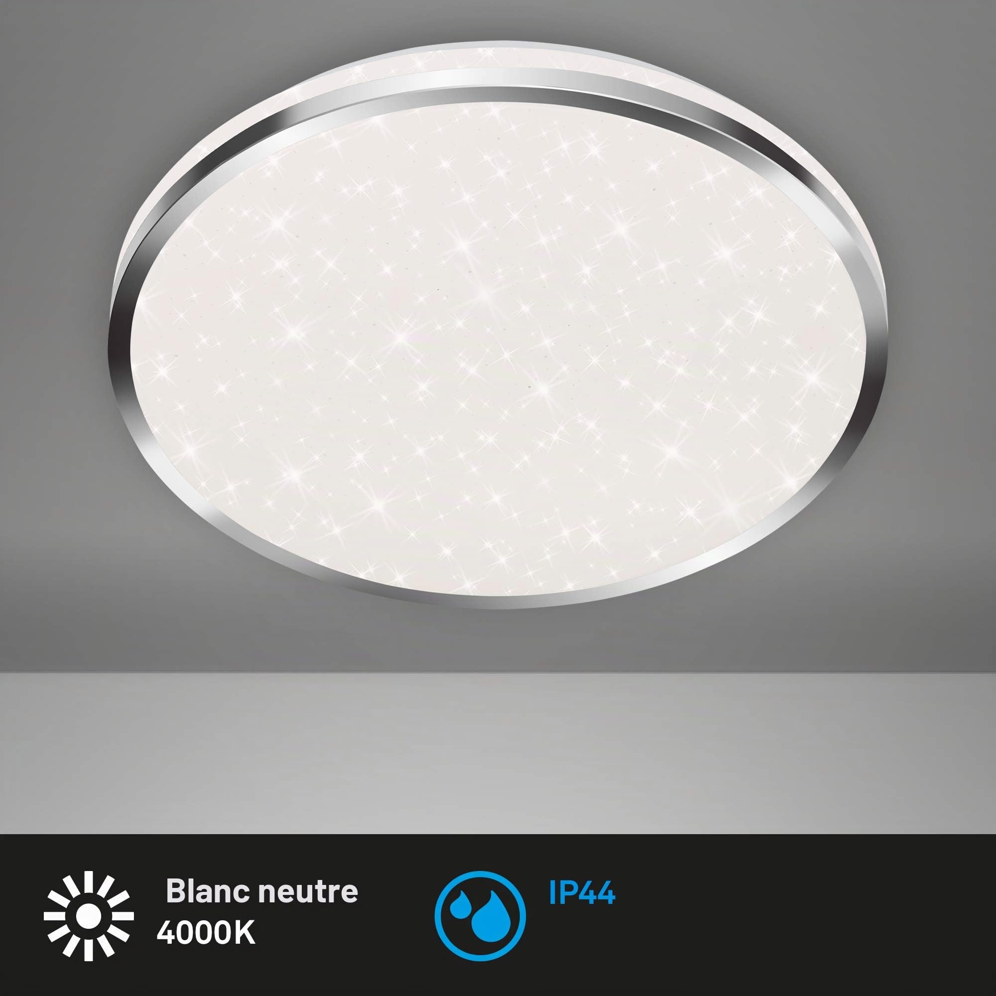 Briloner Leuchten - Éclairage plafonnier LED, éclairage de salle de bain, lampe de salle de bain avec décor d'étoiles, IP44, 12 Watt, 1 200 Lumen, 4 000 Kelvin, blanc chromé, 280x70mm (DxH)