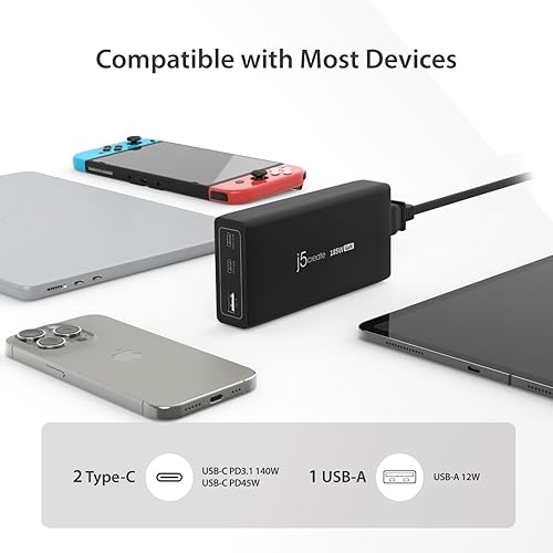 Miniatura 6 de j5create Cargador portátil de 3 puertos GaN USB-CA de 185 W con entrega de potencia 3.1, soporta MacBook Pro MagSafe 140W de carga, simultáneamente