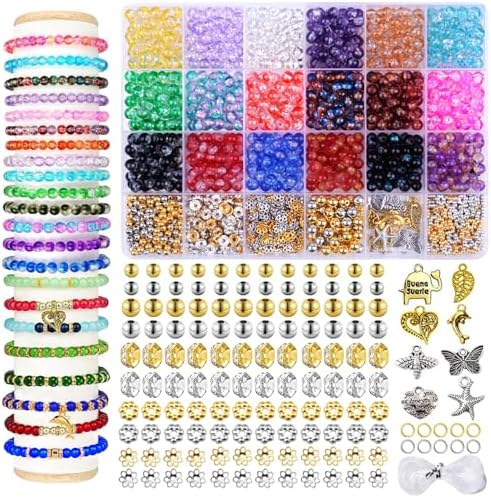 1280pcs 6mm Glass Beads for Bracelets, Bracelet Making Kit 24 Style Crystal Beads for Jewelry Making Round Beads DIY Crafts with Spacer Beads Charms Accessories