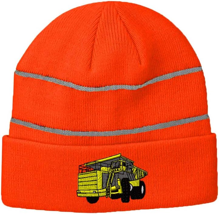Custom Reflective Beanie Yellow Big Dump Truck Embroidery Acrylic