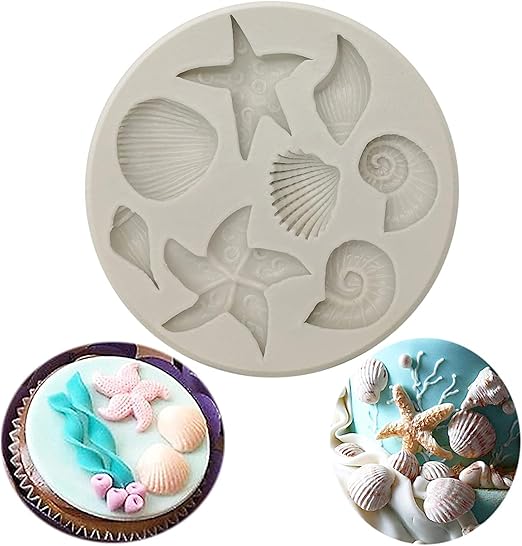 Marine Theme Cake Fondant Silicone Mold,Seashell, Conch, Starfish, Fish,Under the Sea Style Handmade Pastry Baking Molds for Cookie Chocolate Candy Decoration