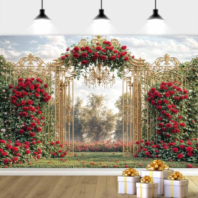 12X10ft Red Rose Background Valentine's Day Backdrop, Romantic Red Rose Spring Photography Backdrop Floral Wall Background for Weddings Bridal Showers