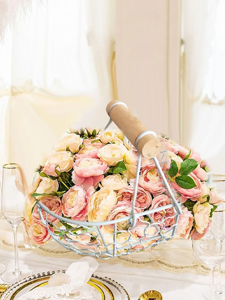 Flower girl basket, 2PCS 18x12x12cm wedding retro petal basket pastoral style, wooden handle country wire, used for wedding and home decoration.(Black)