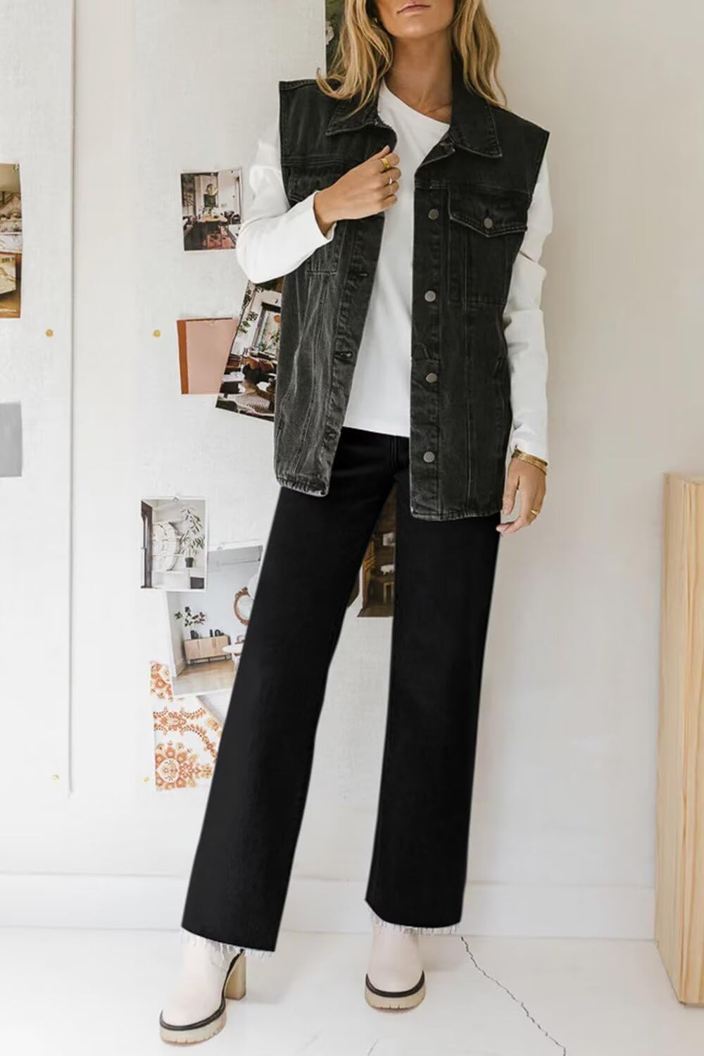 KDF Straight Leg Jeans for Women High Waisted Jeans Frayed Baggy Pants Raw Hem Loose Stretchy Cropped Wide Leg Jeans