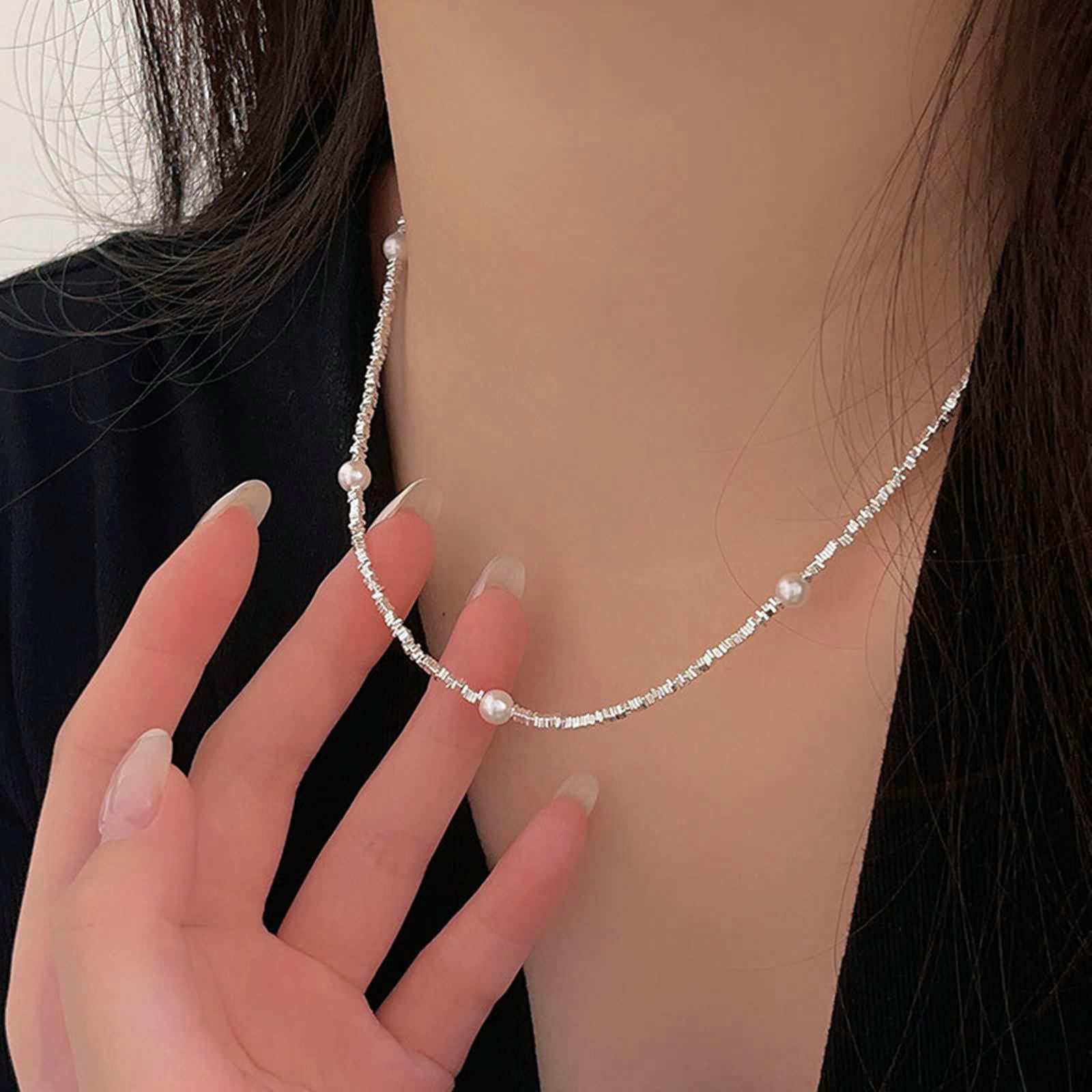 Collar largo de cadena de perlas de plata de ley 925 con forma redonda para cumpleaños, Perla