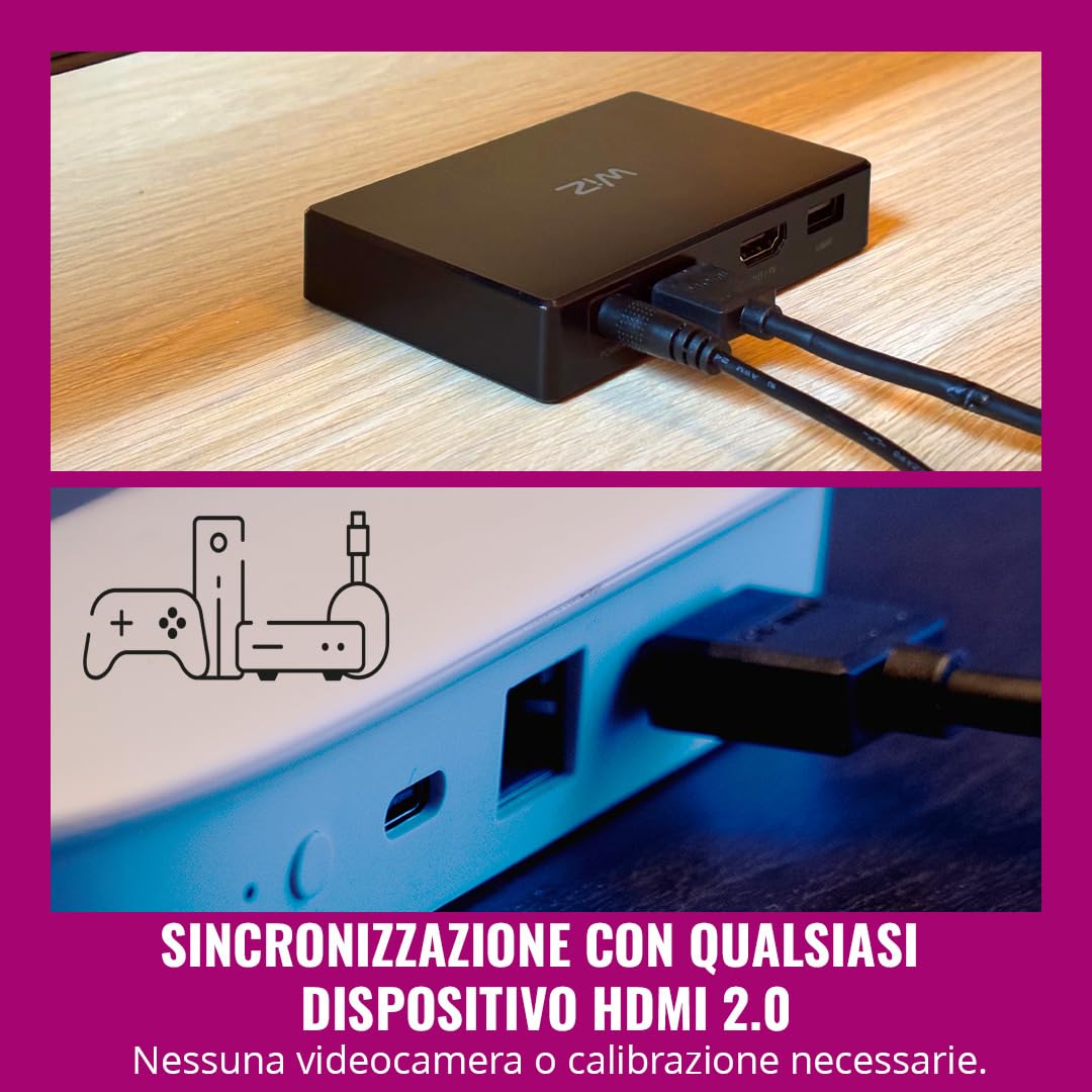 WiZ HDMI Sync Box con retroilluminazione TV, sincronizza la luce con film, giochi e musica, HDMI 2.0, Striscia LED RGBIC per TV da 75-85 pollici, controllo con App, compatibile con Google e Alexa