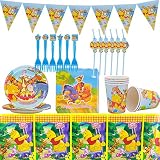 36pcs Winnie Puuh Party - Miotlsy Winnie Party Geschirr, Dient Teller, Tassen, Servietten, Strohhalme, Gabeln für die Geburtstagsfeier, Tischdecken, Wimpel